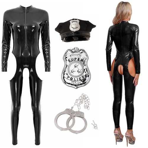Damen Jumpsuit Sheriff Strampler FBI Catsuits mit Hut Manschetten Schlüssel Polizist Body - Bild 3 von 20