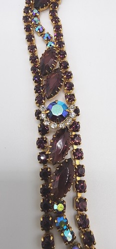 Purple Rhinestone Aurora Borealis Gold Tone Multistrand Vintage Bracelet 7"  - Bild 16 von 18