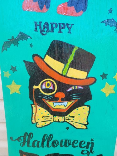 Halloween Anthropomorphic Vintage Style 3 Cats Hand Painted Wood Sign - Picture 11 of 14