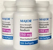 3 Pack- Major Docusate Sodium 250 mg Softgels Stool Softener 100ct