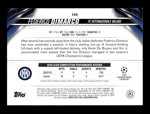 2023-24 Topps UEFA Club Competitions #144 Federico Demarco - Picture 2 of 2