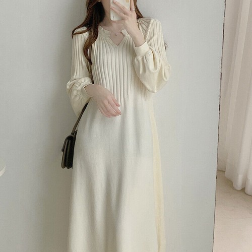 Damen Kaschmir Maxi Puff Langarm Pullover Kleid warm dick Strick V-Ausschnitt - Bild 7 von 8