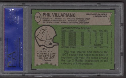 1978 Topps PHIL VILLAPIANO PSA 9 COME NUOVO Oakland RAIDERS #149 (foto maschera viso cool) - Foto 2 di 2