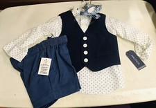 NAUTICA. Boys 4 Piece Blue White Dress Shirt Shorts Vest Tie Size 12Mo NWT