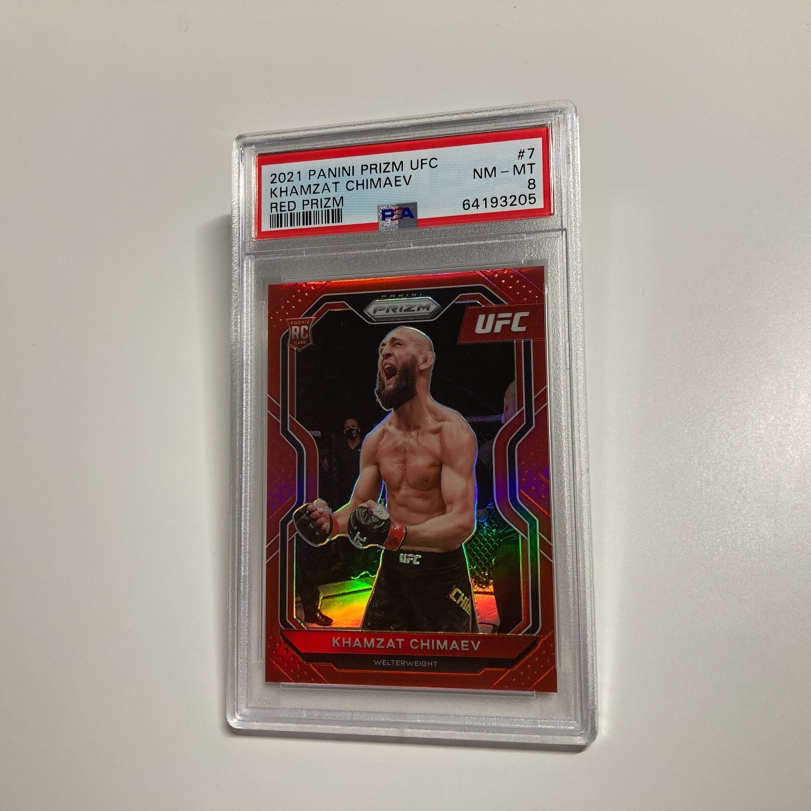 Khamzat Chimaev 2021 Panini Prizm UFC Red Refractor Rookie Card 95/275 #7 PSA 8