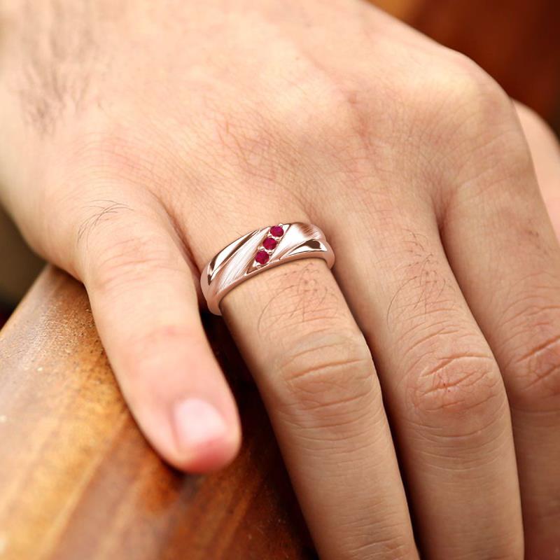 Round Ruby Angled Brushed Men 3 Stone Wedding Band 14K Gold Round Ruby Angled Brushed Men 3 Stone Wedding Band 14K Gold