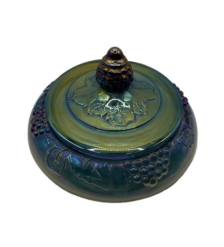Vntg Indiana Peacock Blue Carnival Glass Grape Harvest Pedestal Iridescent EUC - Picture 6 of 15