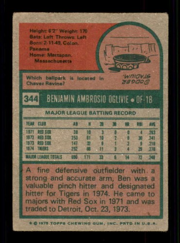 1975 Topps #344 Ben Oglivie GVG Tigers 507359 - Afbeelding 2 van 2