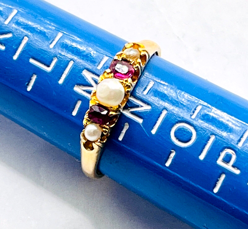 Antique Victorian 22ct Gold, Ruby & Pearl Five Stone Ring, B/Ham Marks 1861 - Picture 11 of 14