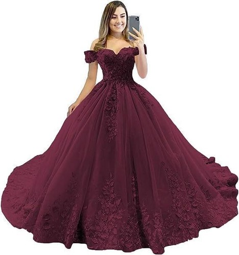 Off-Shoulder Princess Ball Gown Dress with Floral Appliques Quinceañera Prom - Picture 11 of 40