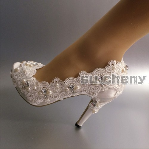 su.cheny 3 Zoll 4 Zoll Absatz Satin weiß elfenbeinfarben Spitzenperlen offene Zehe Hochzeit Braut Schuhe - Bild 26 von 27