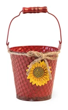 New Primitive Country Rustic Wine RED SUNFLOWER BUCKET Pail Basket Container 