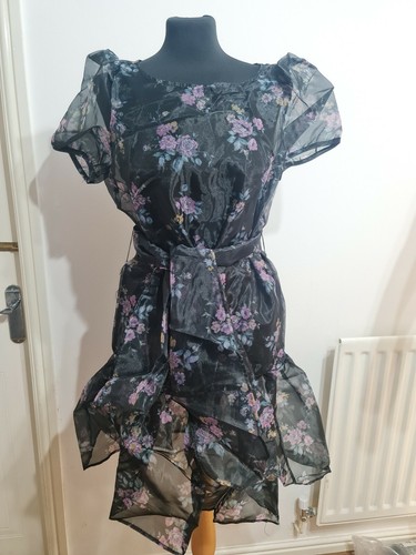 Vila Black Floral Belted Frilled Knee Length Dress Uk 12 Eu 40 New