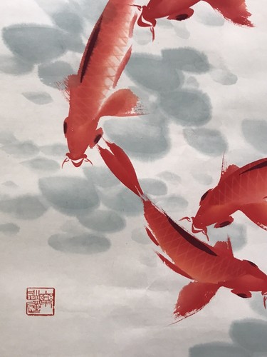 Vintage Chinese Original Watercolor and Ink Painting Red Carp Fish Signed 31x22” - Picture 5 of 8