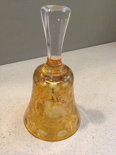 Vintage Bohemia Amber Crystal Bell Czechoslovakia Gilded Cut to Clear Birds 5.5 - Picture 4 of 10