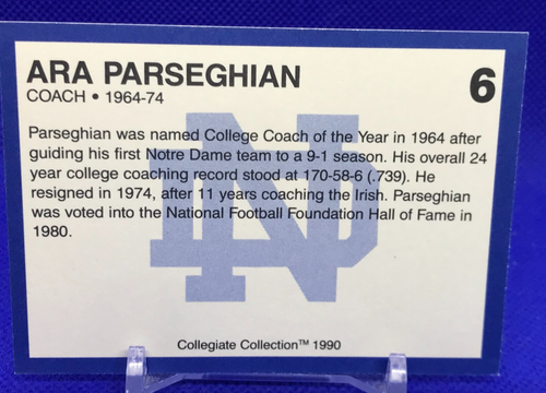 Tarjeta de colección universitaria de fútbol americano Ara Parseghian 1990 Notre Dame #6 - Imagen 2 de 2
