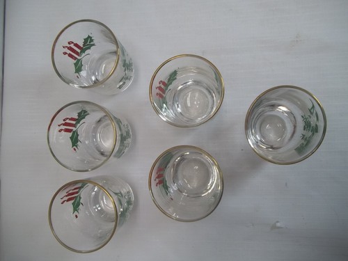 HTF Lot of 6 Vintage Gold Trimmed Holly with Candles & Mistletoe Juice Glasses - Picture 3 of 11