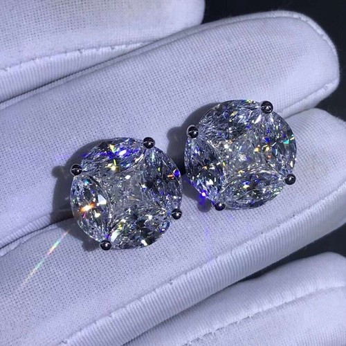 2.20Ct Lab Created Diamond Princess Cluster Stud Earrings 14K White Gold Plated - Picture 4 of 4