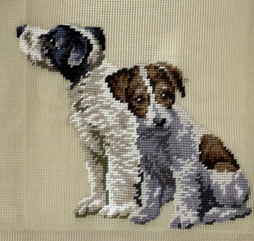Preworked TWO PUPPY DOGS Dog Center Work Needlepoint Canvas 9 1/4" x 8" - Picture 1 of 2