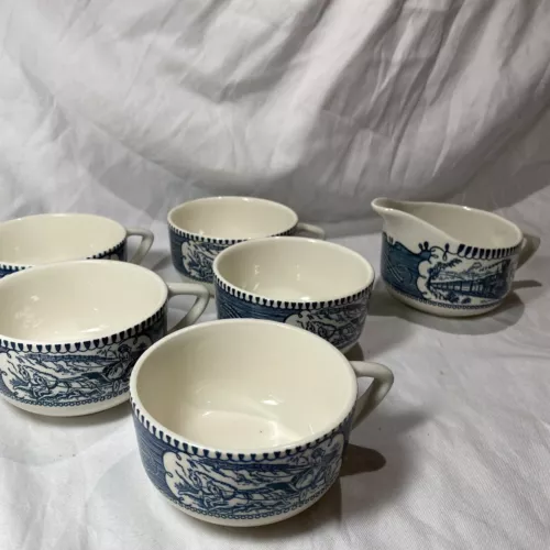 Currier and Ives Vintage Blue Wagon Set Of 5 Tea Cups Coffee & 1 Creamer