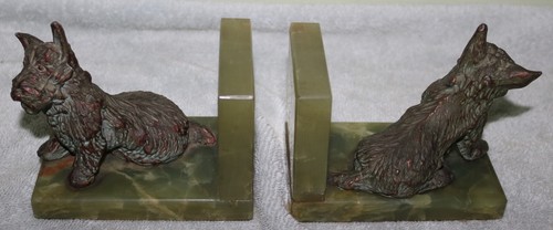 VINTAGE 1920'S SCOTTY BOOK ENDS GREEN MARBLE BRONZE CAST - Picture 2 of 14