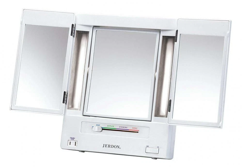 Jerdon Tri Fold Two Sided Lighted Makeup Mirror with 5x
