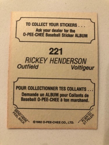 1982 Rickey Henderson O-Pee-Chee Baseball CANADA Bilingua MLB A's Sticker #221 - Picture 2 of 2