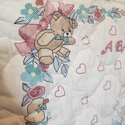 Vintage Baby Is Love Blanket Angel Rocking Horse Printed Cross Stitch Quilt Crib - Picture 2 of 8