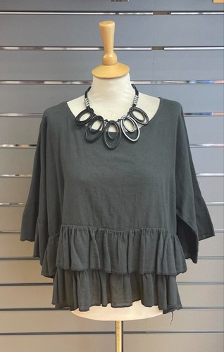 LAGENLOOK COTTON & LINEN MIX FRILL TOP (10-18) CHARCOAL