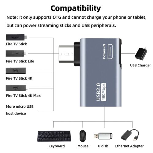 2 Pack 90 Degree OTG Cable Adapter for Fire Stick Android Phone Tablet Streaming - Picture 3 of 6