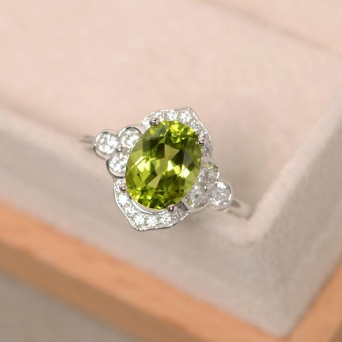 1.80 Ct Oval Natural Peridot & Diamond ,VS1, Wedding Ring 14K White Gold Sz 6 - Picture 3 of 6