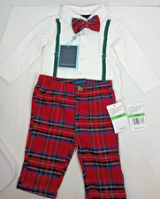 Boys 3-6 M Holiday 3 Pieces Red Plaid Pants and Tie Outfit New Mark on Shoulder