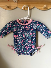 RuffleButts Girls 0-3M One-Piece Swimsuit Floral Long Sleeve Ruffle Bow Zip
