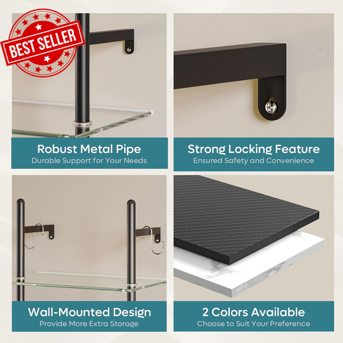 LED Gaming Floating Shelves 15" Wall Mounted Pipe Glass 2 Tier Display Rack with - Picture 6 of 10