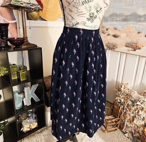 VTG Chater Club Cotton Corduroy Navy Blue Birds Midi Skirt. Sz 6p - Picture 11 of 14