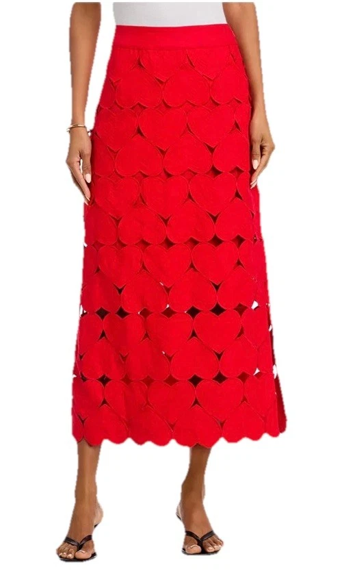 Farm Rio Hearts Linen Midi Skirt Red Cutout Heart Size M NWT $320