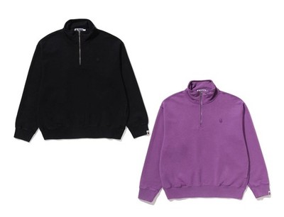A BATHNIG APE Men's GARMENT DYE ONE POINT HALFZIP RELAXED CREWNECK SWEAT SHIRT r