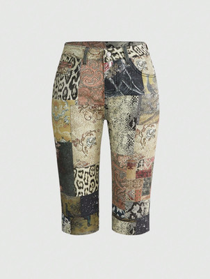 Women's Patchwork Print Capri Jeans Cropped Denim Pants Vintage Y2K Casual