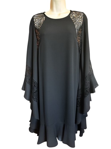 Prose & Poetry Kleid schwarz Spitzeneinsatz Rüschensaum Capelet Etuikleid Gr. M Boho Chic