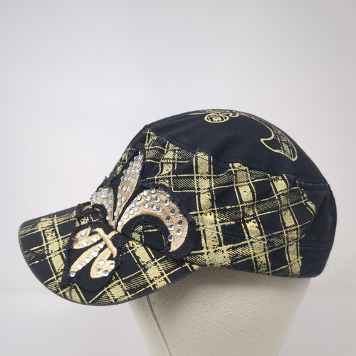 Fleur de Lis Cadet Army Cap Black One Size Adjustable Distressed Rhinestone - Picture 3 of 7