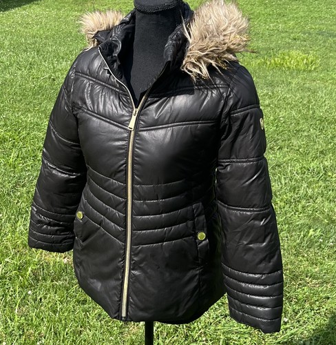 Michael Kors Jacket Girls Large Black Quilted Puffer Faux Fur Hood Winter Coat - Picture 3 of 24