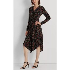 Lauren Ralph Lauren Floral Surplice Jersey Dress Black Multi Women's 6 NWT