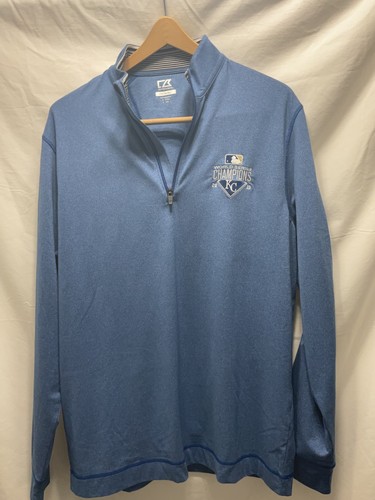 CUTTER & BUCK Drytec KC 2015 World Series Champs LS 1/4zip blue heather Baseball - Picture 5 of 21