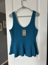 NWT Anthropologie Ganni Textured Peplum Scoop Back Tank Blouse Turquoise Size XL