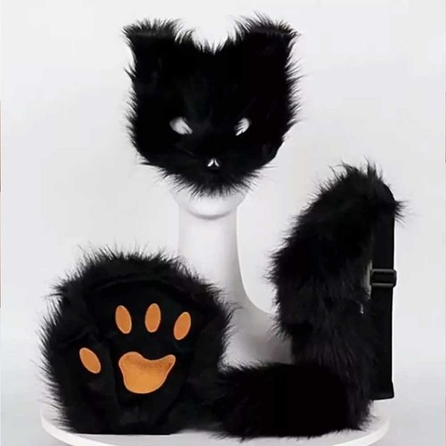 Pelzige Katze Fuchs Maske Weihnachtsparty Cosplay Kostüm Maske Schwanz PfotenSet - Bild 17 von 21
