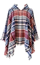 NWT On blue Women's Plaid Hooded Poncho Cape Cloak with Fringed Hem MSRP $50 OS