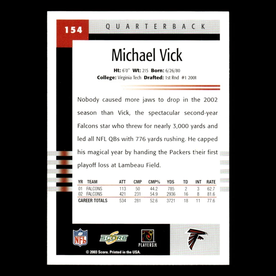 Michael Vick #154 2003 Score Atlanta Falcons Football Card NFL NM - Image 2 of 3