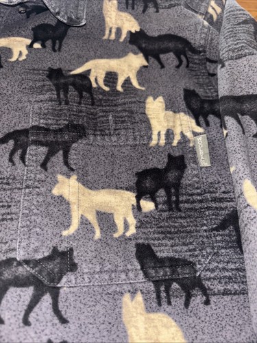 Woolrich Hemd Herren M schwarz beige Onyx Wölfe Animal Print dicke Baumwolle Vintage - Bild 3 von 7