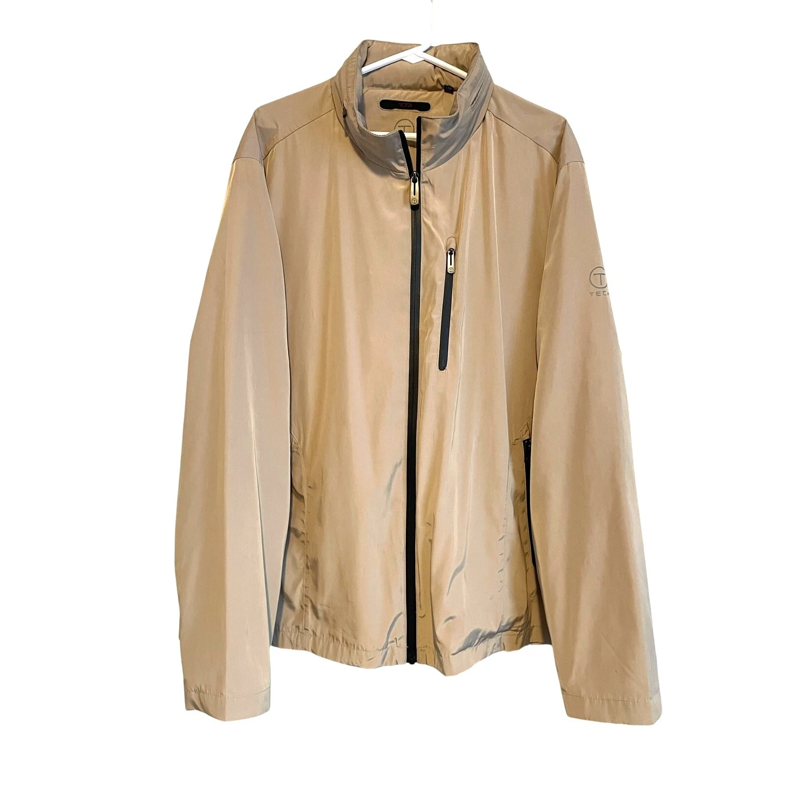 Tumi T-Tech Packable Windbreaker Jacket Tan Removeable Hood Zip Pockets XXL