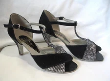BLACK SUEDE T-STRAP INTERNATIONAL DANCE SHOES~ENGLAND~NEED HEEL TIPS~US 7-UK 5